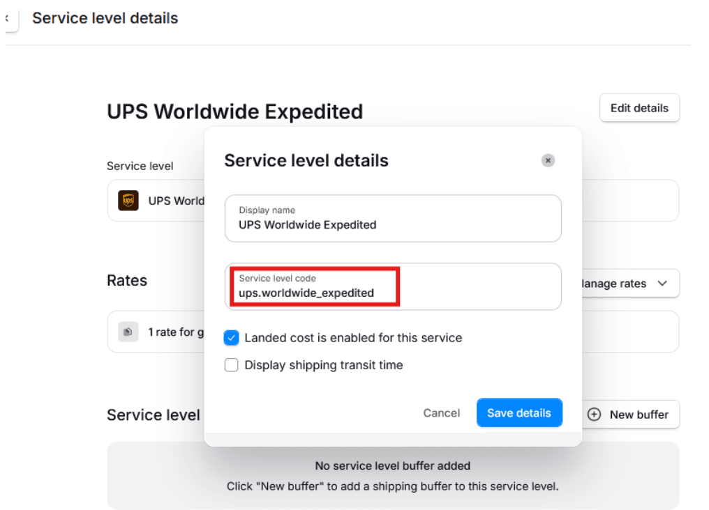Service level code in Zonos Dashboard